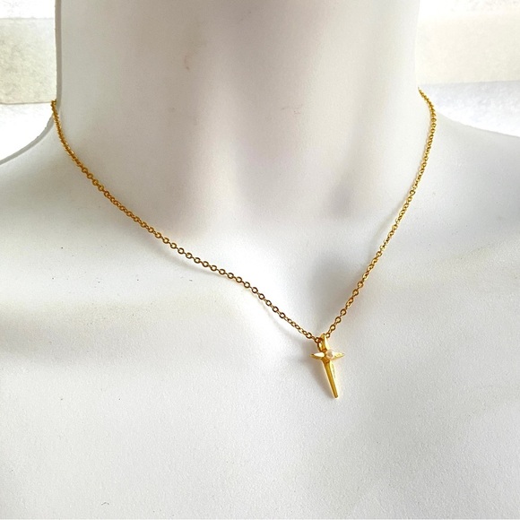 Dainty Gold Christian Cross Pearl Necklace - Picture 1 of 7